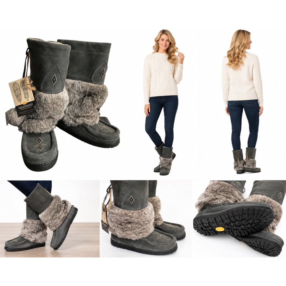 Manitobah Mukluks Boots 9 Grey Artisan Tribal‎ Boho Festival Rabbit Beaded Suede